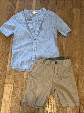 H&M Collarless Button Down and Khaki Shorts Set Toddler Boys size 4T 100% Cotton